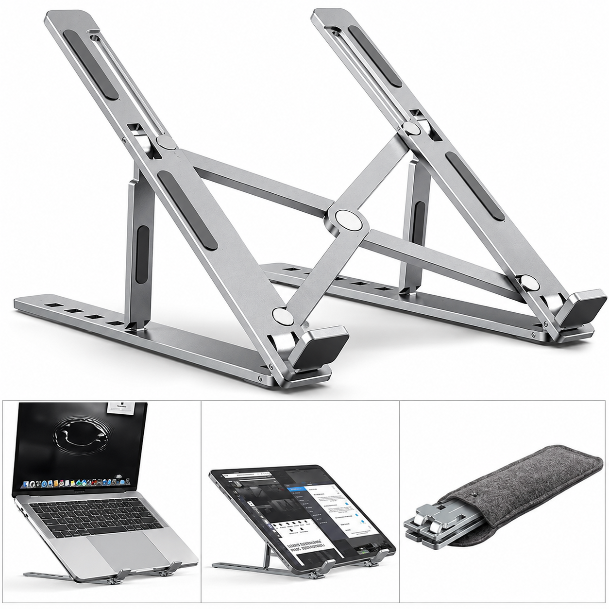 Folding Adjustable Aluminum Laptop Stand - Portable Ergonomic Multi Angle Desk Riser Lightweight