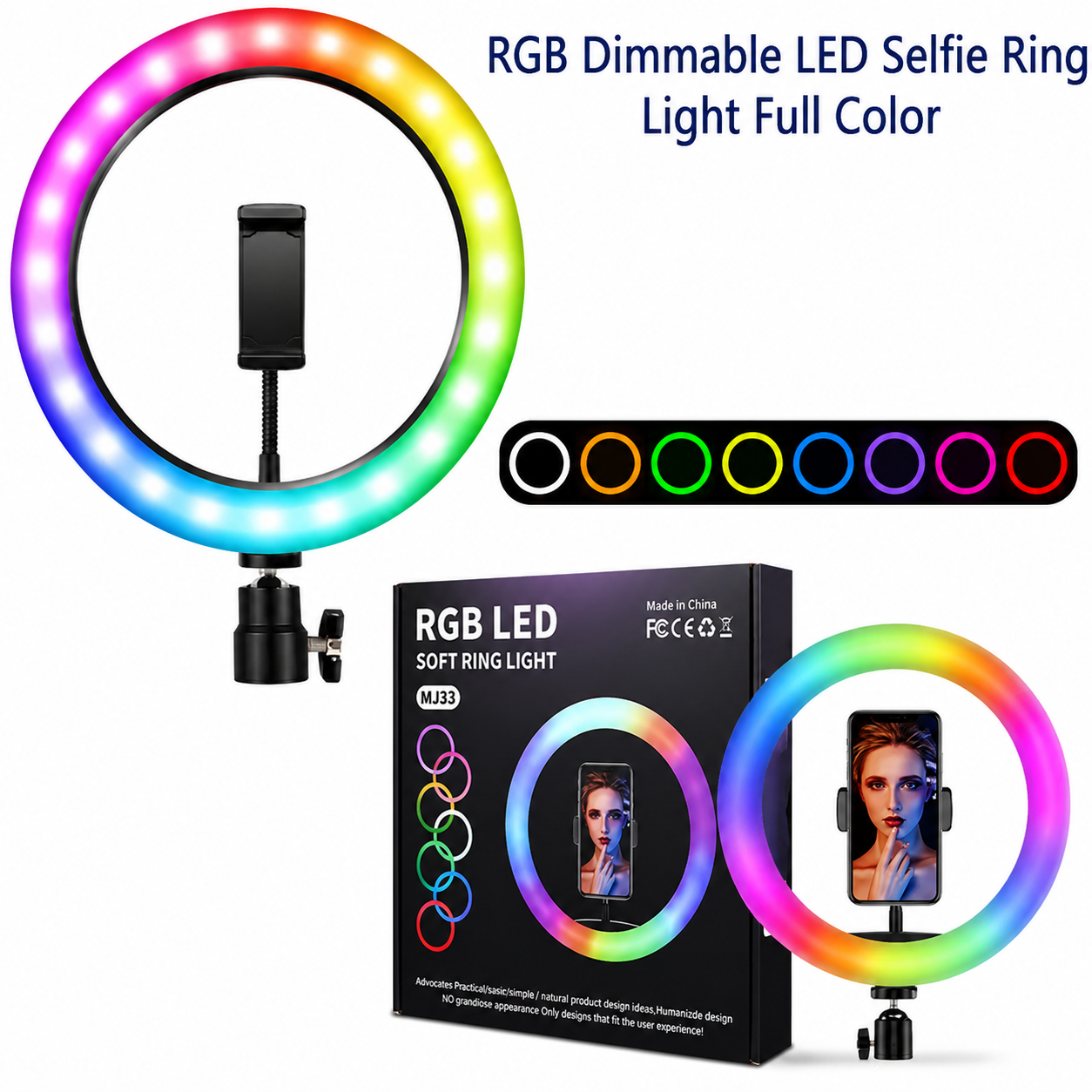 RGB Ringlight 26 CM MJ26 With Mobile Holder Adjustable Lighting For Photography Video Recording Makeup And Live Streaming | With Stand 7 Feet