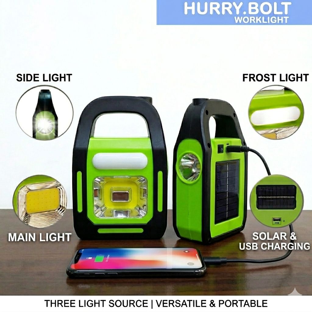 Solar Rechargeable 3-in-1 Emergency Light - Hurry Bolt Portable LED Work Light, Torch & Power Bank