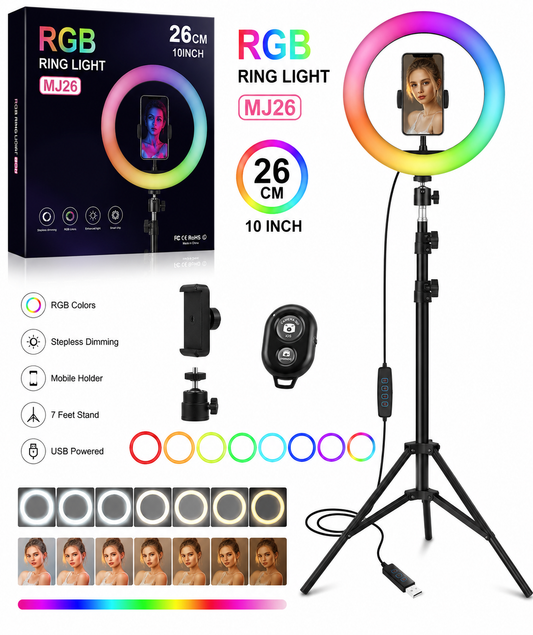 RGB Ringlight 26 CM MJ26 With Mobile Holder Adjustable Lighting For Photography Video Recording Makeup And Live Streaming | With Stand 7 Feet
