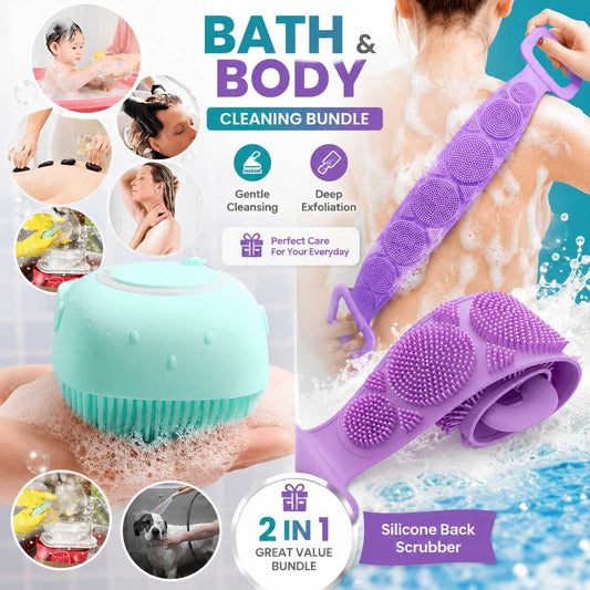 Silicone Bath Brush And Silicone Back Scrubber Care Bundle