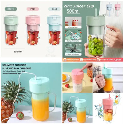 2 in 1 USB Rechargeable Mixing for Coffee, Juice (Cup with Straw & Handle for Fresh Shakes)