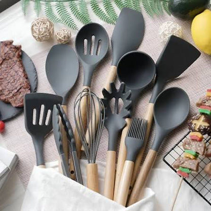 12 Pcs Kitchen Utensils Set | BPA Silicon & Wooden Kitchen Spoon Set | Heat Resistant Kitchen