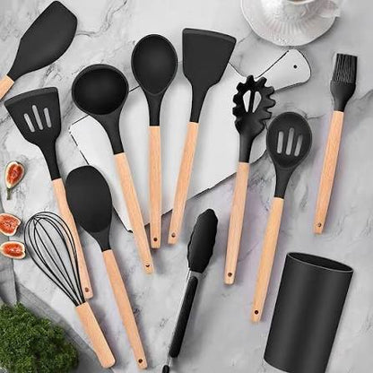 12 Pcs Kitchen Utensils Set | BPA Silicon & Wooden Kitchen Spoon Set | Heat Resistant Kitchen