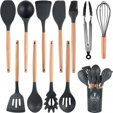 12 Pcs Kitchen Utensils Set | BPA Silicon & Wooden Kitchen Spoon Set | Heat Resistant Kitchen